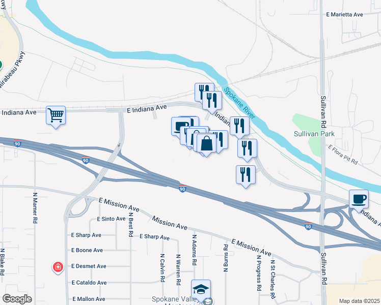 map of restaurants, bars, coffee shops, grocery stores, and more near 14700 East Indiana Avenue in Spokane Valley