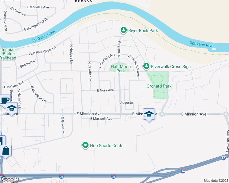 map of restaurants, bars, coffee shops, grocery stores, and more near 19880 E Nora Ave in Liberty Lake