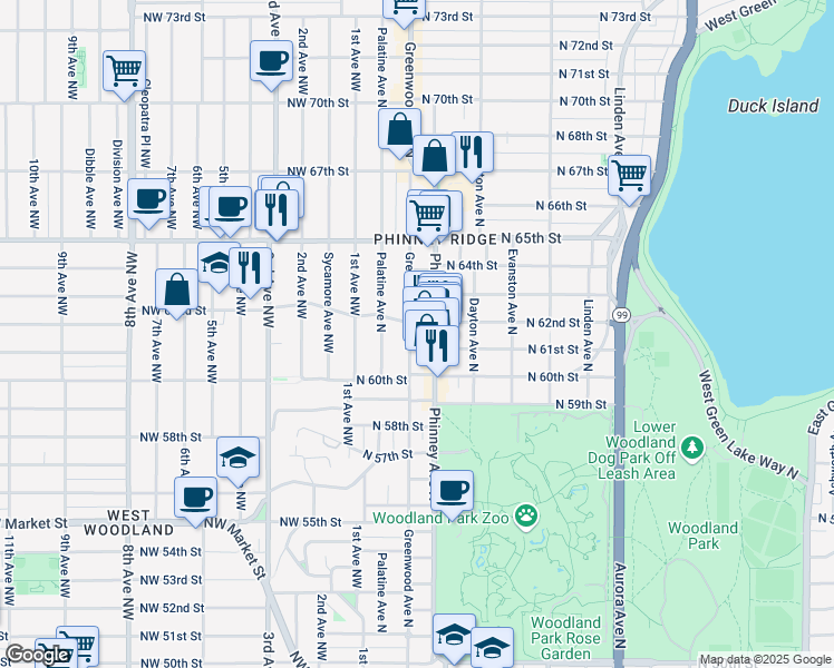 map of restaurants, bars, coffee shops, grocery stores, and more near 6112 Greenwood Avenue North in Seattle