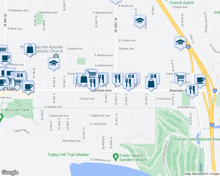 map of restaurants, bars, coffee shops, grocery stores, and more near 1400 Sherman Avenue in Coeur d'Alene
