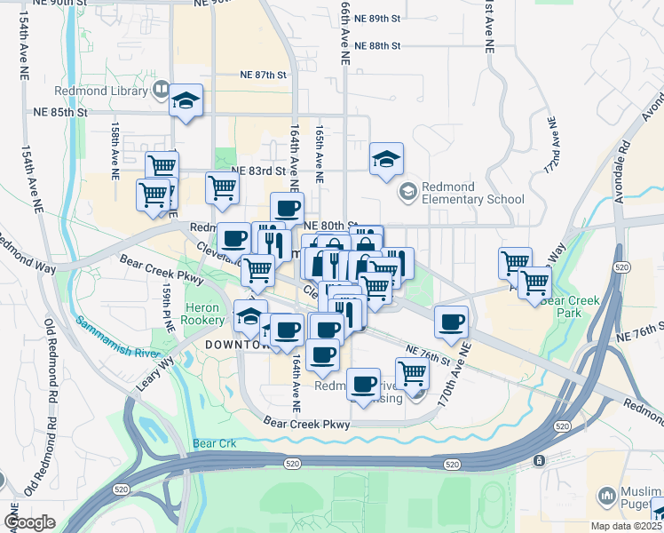 map of restaurants, bars, coffee shops, grocery stores, and more near 16450 Redmond Way in Redmond