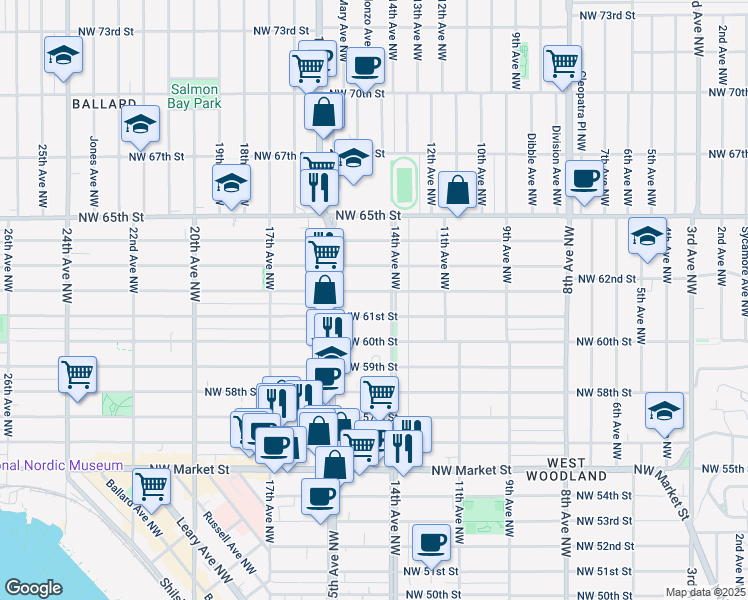 map of restaurants, bars, coffee shops, grocery stores, and more near 1415 Northwest 62nd Street in Seattle