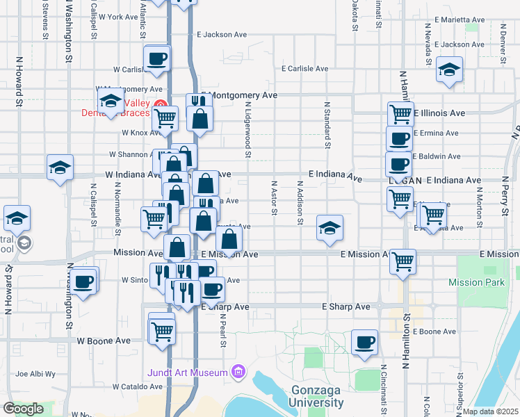 map of restaurants, bars, coffee shops, grocery stores, and more near 327 East Augusta Avenue in Spokane