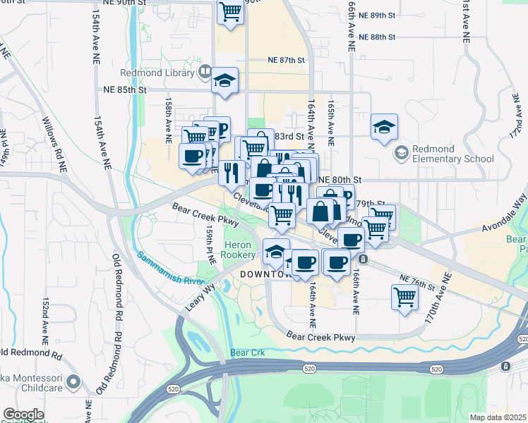 map of restaurants, bars, coffee shops, grocery stores, and more near 16175 Cleveland Street in Redmond