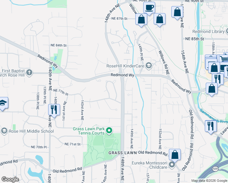 map of restaurants, bars, coffee shops, grocery stores, and more near 7605 146th Avenue Northeast in Redmond