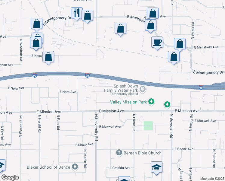 map of restaurants, bars, coffee shops, grocery stores, and more near 10819 East Nora Avenue in Spokane Valley