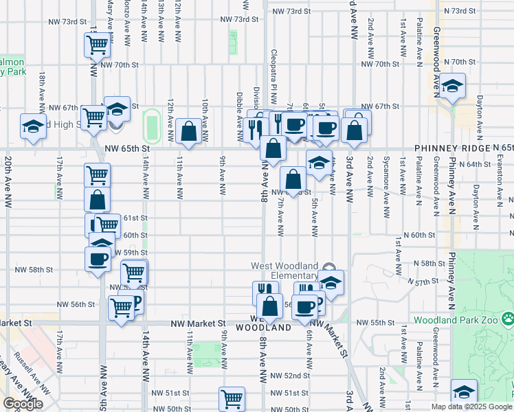 map of restaurants, bars, coffee shops, grocery stores, and more near 811 Northwest 62nd Street in Seattle