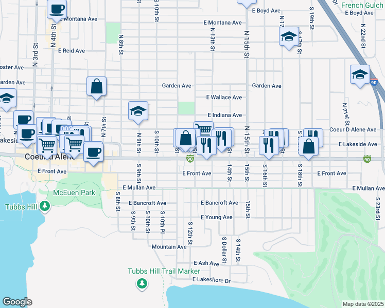 map of restaurants, bars, coffee shops, grocery stores, and more near 1204 East Sherman Avenue in Coeur d'Alene