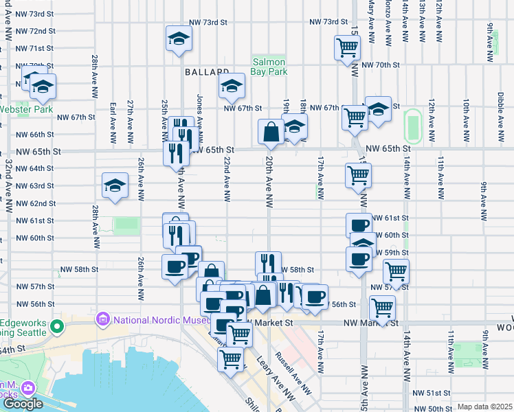 map of restaurants, bars, coffee shops, grocery stores, and more near 2015 Northwest 62nd Street in Seattle