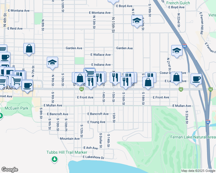 map of restaurants, bars, coffee shops, grocery stores, and more near 1400 Sherman Avenue in Coeur d'Alene