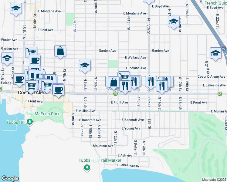 map of restaurants, bars, coffee shops, grocery stores, and more near 1106 Sherman Avenue in Coeur d'Alene