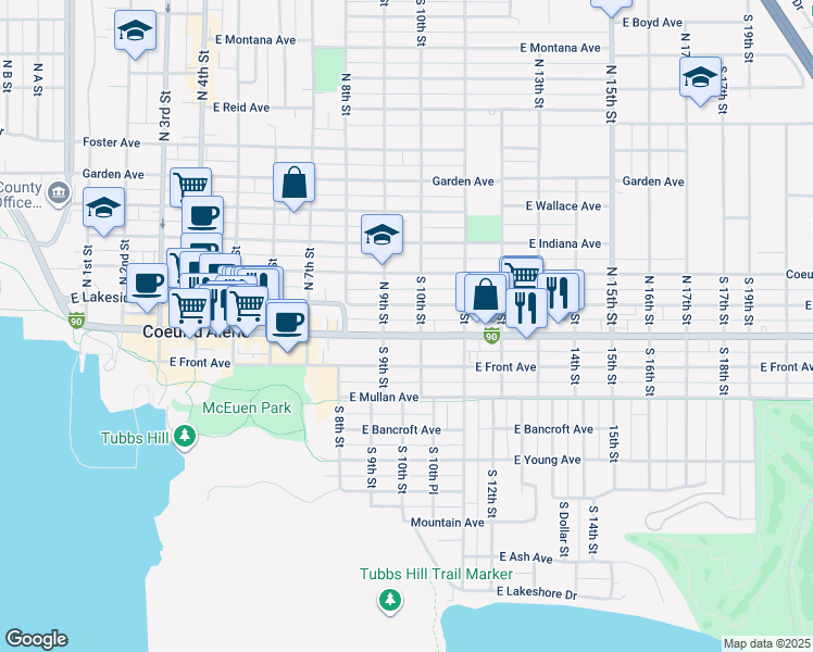 map of restaurants, bars, coffee shops, grocery stores, and more near 104 South 9th Street in Coeur d'Alene