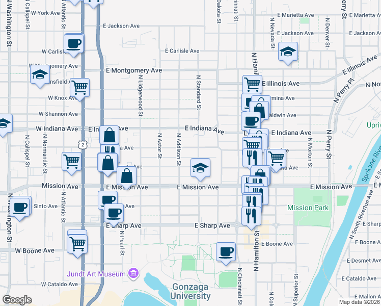 map of restaurants, bars, coffee shops, grocery stores, and more near 521 East Augusta Avenue in Spokane
