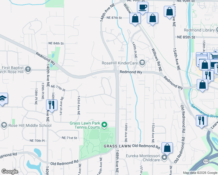 map of restaurants, bars, coffee shops, grocery stores, and more near 7605 146th Avenue Northeast in Redmond