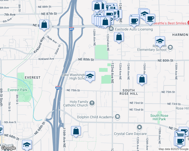 map of restaurants, bars, coffee shops, grocery stores, and more near 11822 NE 75th St in Kirkland