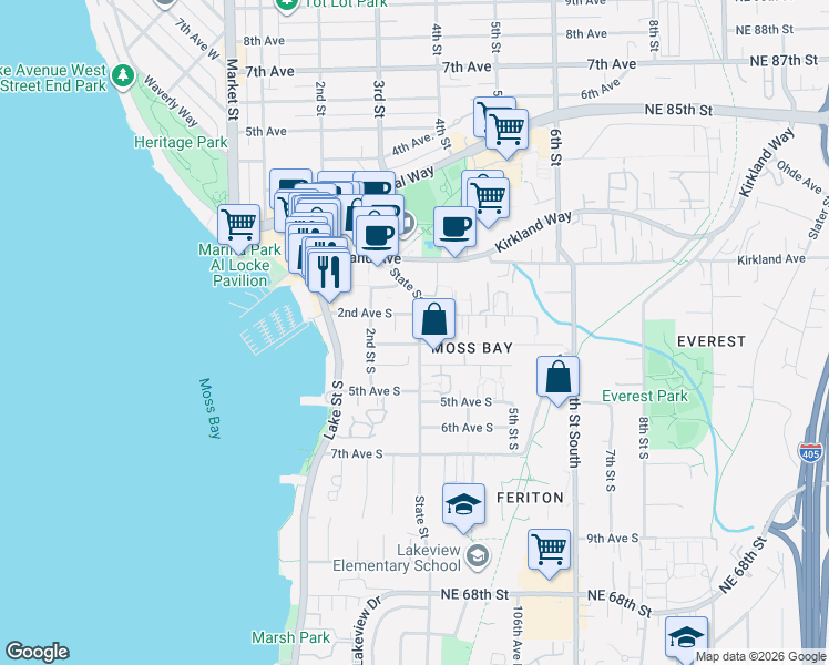 map of restaurants, bars, coffee shops, grocery stores, and more near 308 4th Avenue South in Kirkland