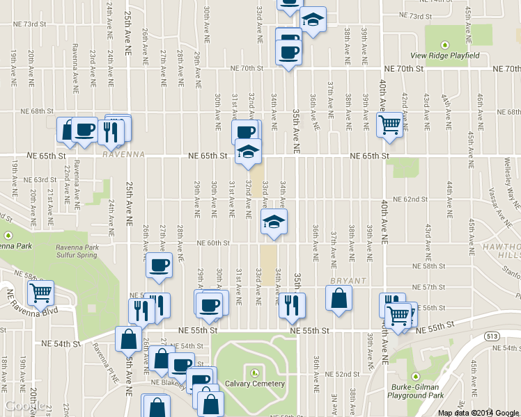 map of restaurants, bars, coffee shops, grocery stores, and more near 6024 33rd Avenue Northeast in Seattle