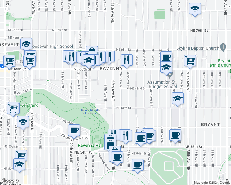 map of restaurants, bars, coffee shops, grocery stores, and more near 6027 25th Avenue Northeast in Seattle