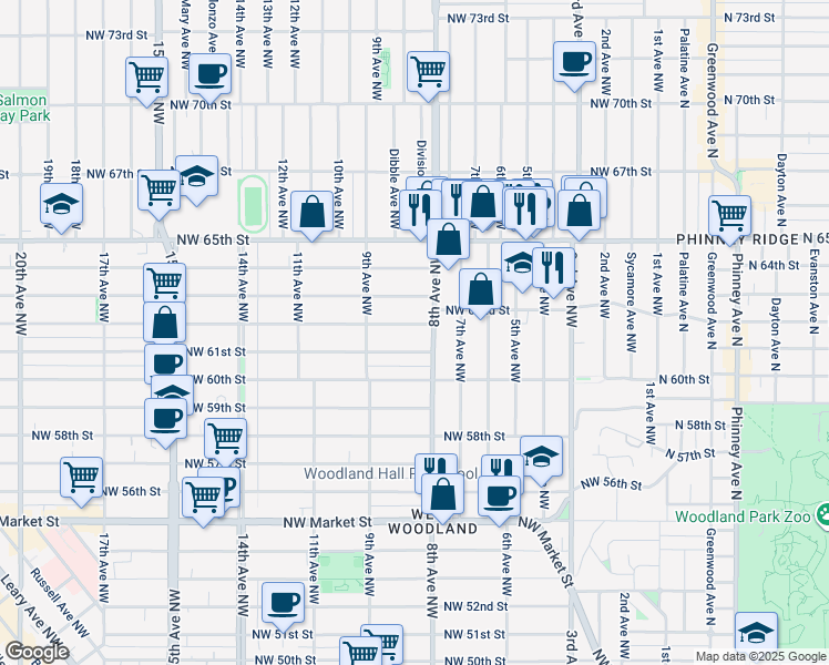 map of restaurants, bars, coffee shops, grocery stores, and more near 817 Northwest 61st Street in Seattle