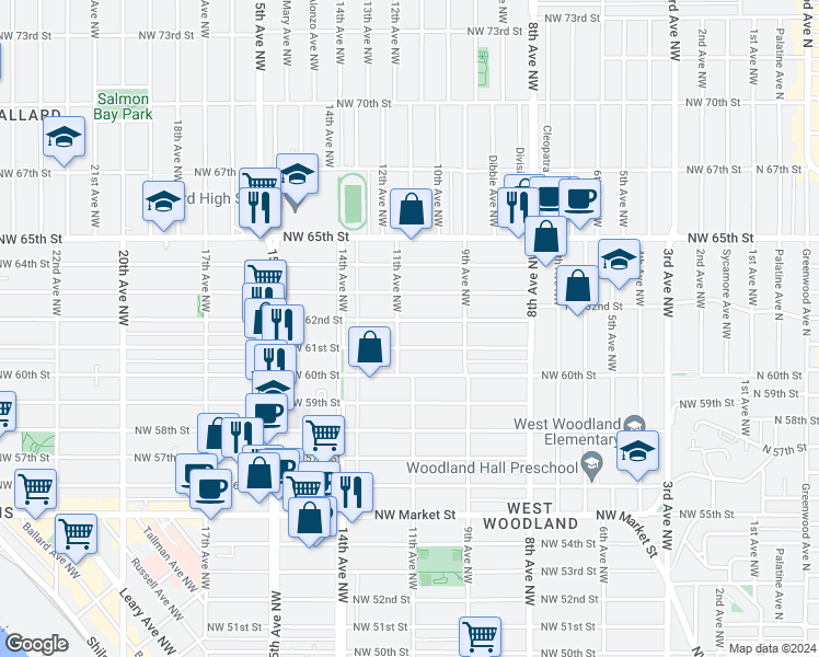 map of restaurants, bars, coffee shops, grocery stores, and more near 1103 Northwest 61st Street in Seattle