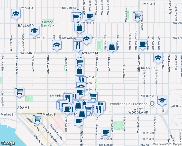 map of restaurants, bars, coffee shops, grocery stores, and more near 1419 Northwest 61st Street in Seattle
