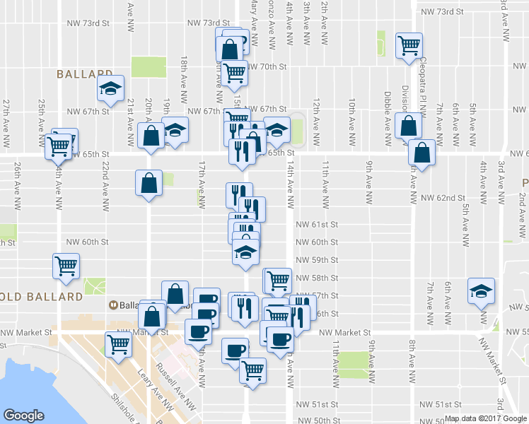 map of restaurants, bars, coffee shops, grocery stores, and more near 1419 Northwest 61st Street in Seattle