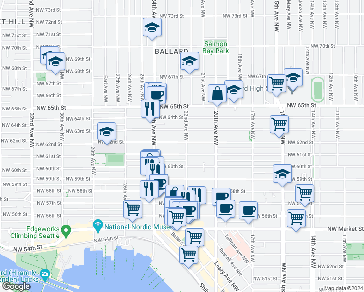 map of restaurants, bars, coffee shops, grocery stores, and more near 6027 22nd Avenue Northwest in Seattle