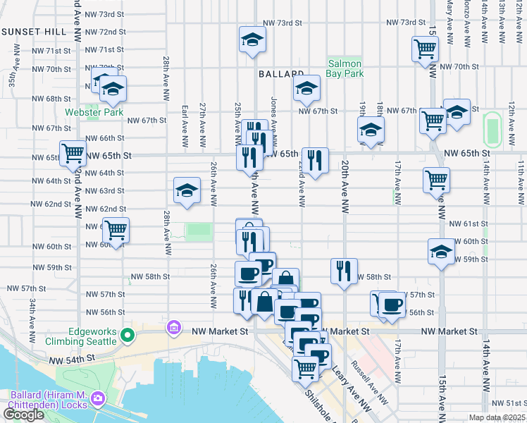 map of restaurants, bars, coffee shops, grocery stores, and more near 2241 Northwest 61st Street in Seattle