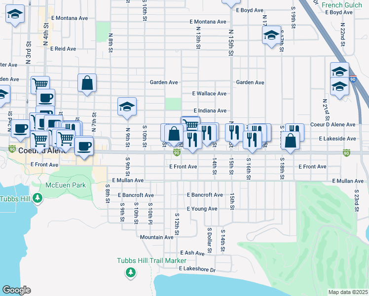 map of restaurants, bars, coffee shops, grocery stores, and more near 1204 East Sherman Avenue in Coeur d'Alene