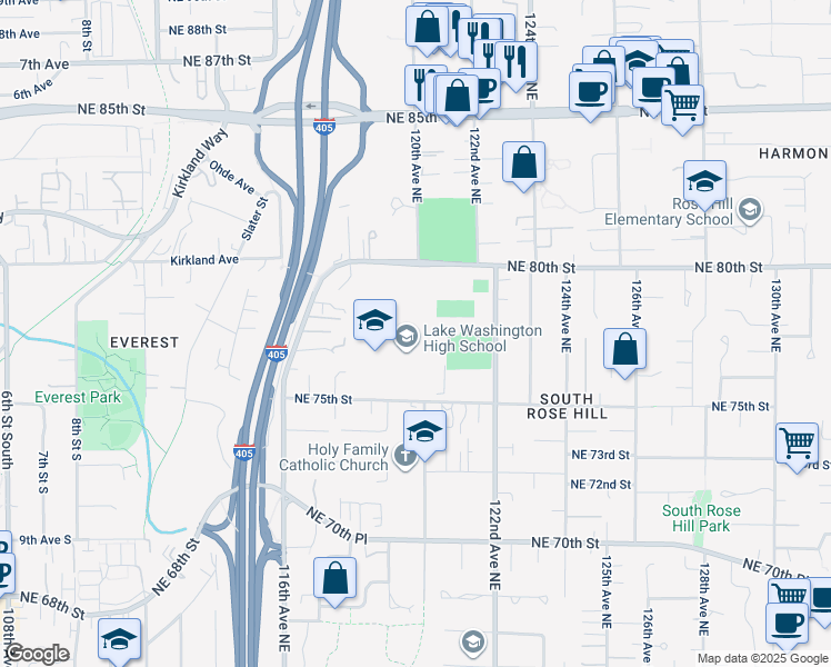 map of restaurants, bars, coffee shops, grocery stores, and more near 11822 Northeast 75th Street in Kirkland