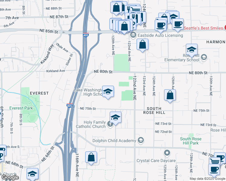 map of restaurants, bars, coffee shops, grocery stores, and more near 11822 Northeast 75th Street in Kirkland