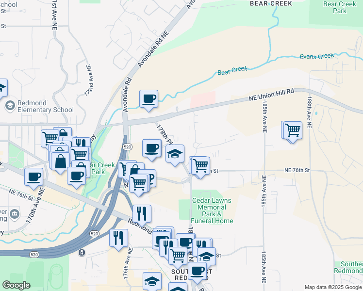 map of restaurants, bars, coffee shops, grocery stores, and more near 7669 178th Place Northeast in Redmond