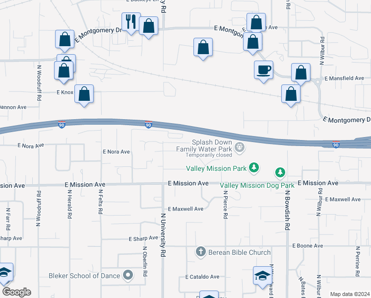 map of restaurants, bars, coffee shops, grocery stores, and more near 10811 East Nora Avenue in Spokane Valley