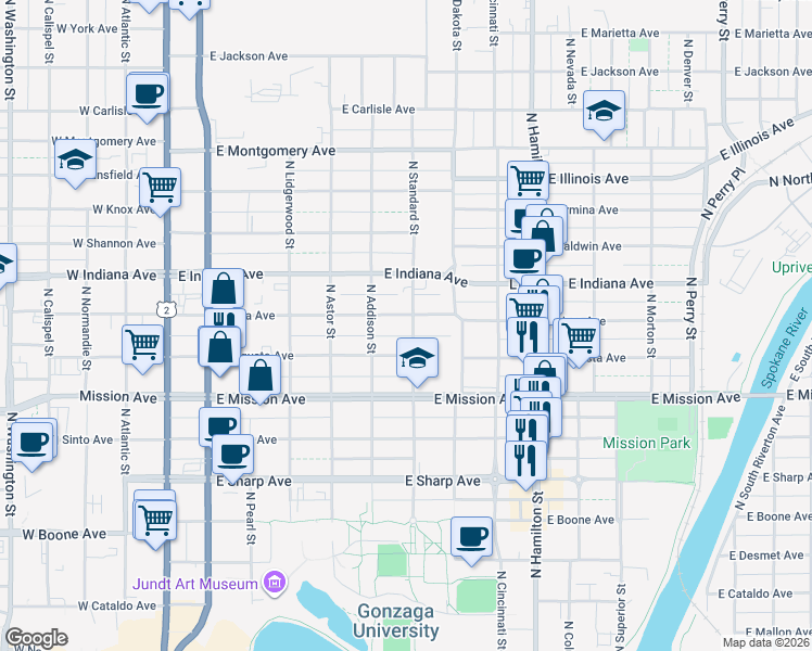 map of restaurants, bars, coffee shops, grocery stores, and more near 521 East Augusta Avenue in Spokane