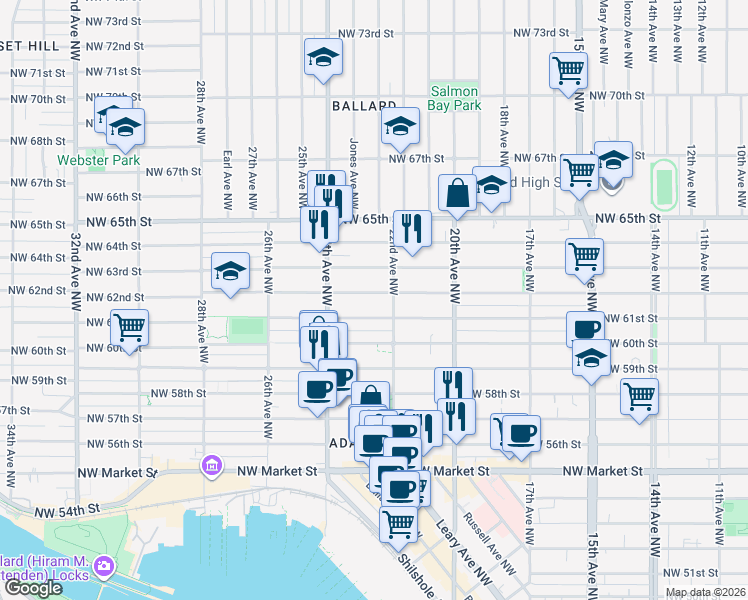 map of restaurants, bars, coffee shops, grocery stores, and more near 2217 Northwest 62nd Street in Seattle