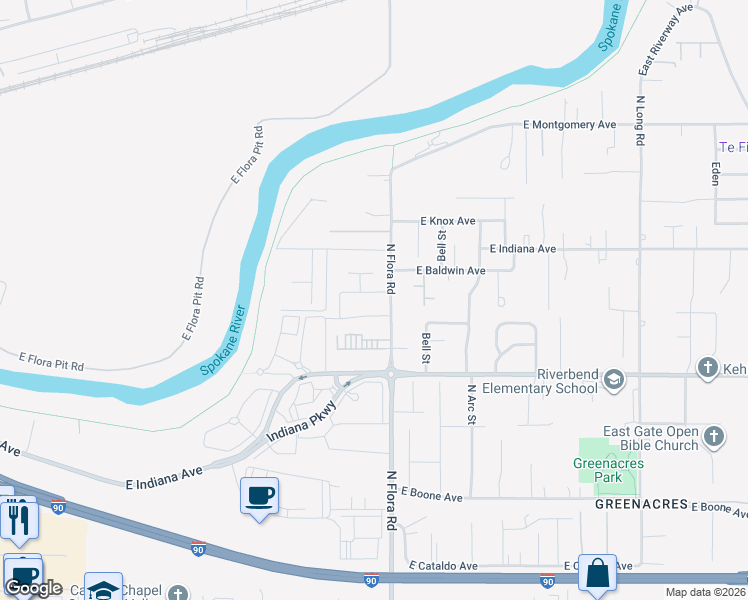 map of restaurants, bars, coffee shops, grocery stores, and more near 1627 North Flora Road in Spokane Valley