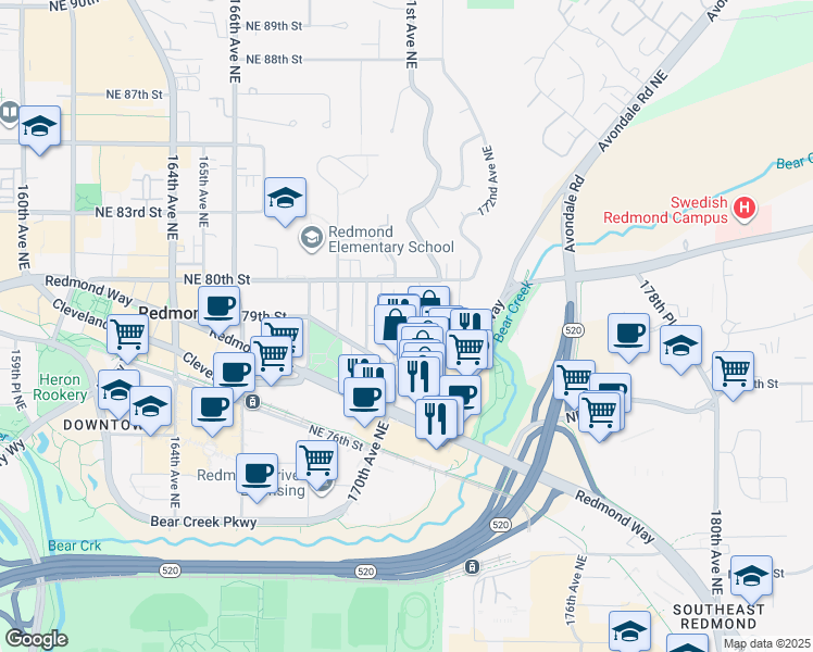 map of restaurants, bars, coffee shops, grocery stores, and more near 17092 Avondale Way in Redmond
