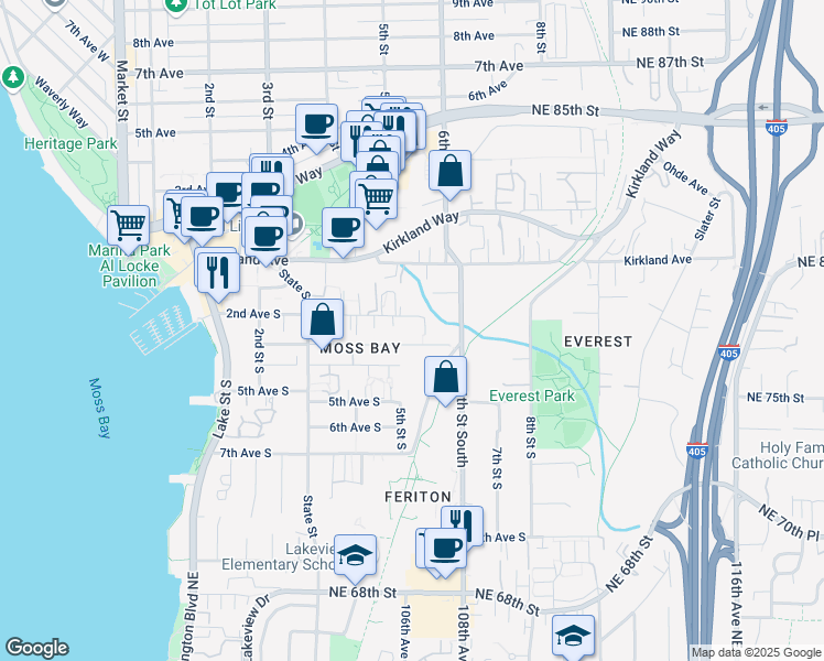 map of restaurants, bars, coffee shops, grocery stores, and more near 529 3rd Avenue South in Kirkland