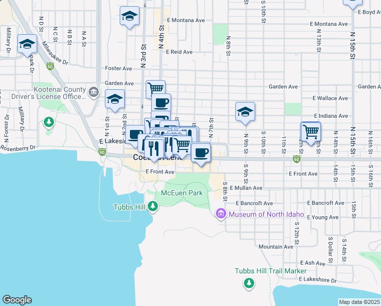 map of restaurants, bars, coffee shops, grocery stores, and more near 525 Sherman Avenue in Coeur d'Alene