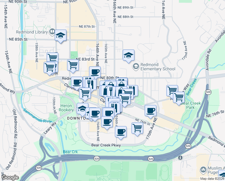 map of restaurants, bars, coffee shops, grocery stores, and more near 16450 Redmond Way in Redmond