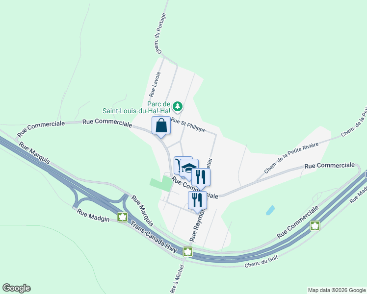 map of restaurants, bars, coffee shops, grocery stores, and more near 15 Rue Saint Jean Baptiste in Saint-Louis-du-Ha! Ha!