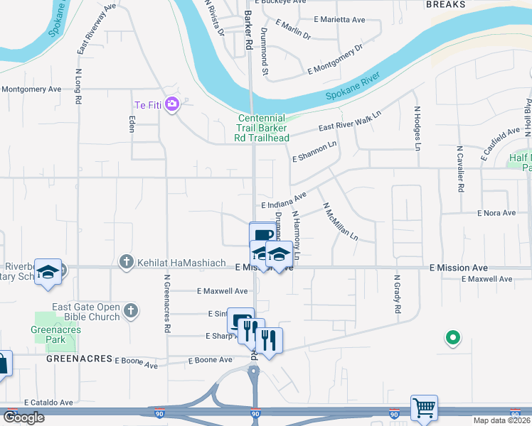 map of restaurants, bars, coffee shops, grocery stores, and more near 18711 East Augusta Court in Spokane Valley