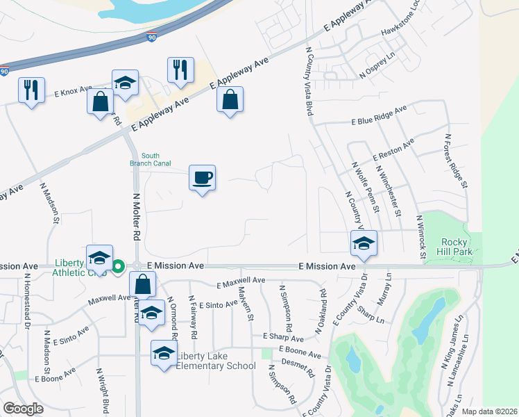 map of restaurants, bars, coffee shops, grocery stores, and more near 24001 East Mission Avenue in Liberty Lake