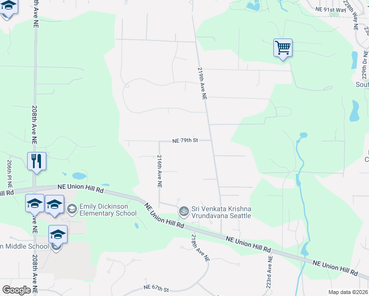 map of restaurants, bars, coffee shops, grocery stores, and more near 21710 Northeast 76th Street in Redmond