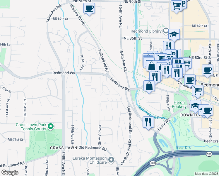 map of restaurants, bars, coffee shops, grocery stores, and more near 15325 Redmond Way in Redmond