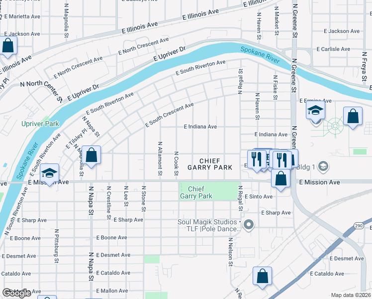 map of restaurants, bars, coffee shops, grocery stores, and more near 2517 East Nora Avenue in Spokane