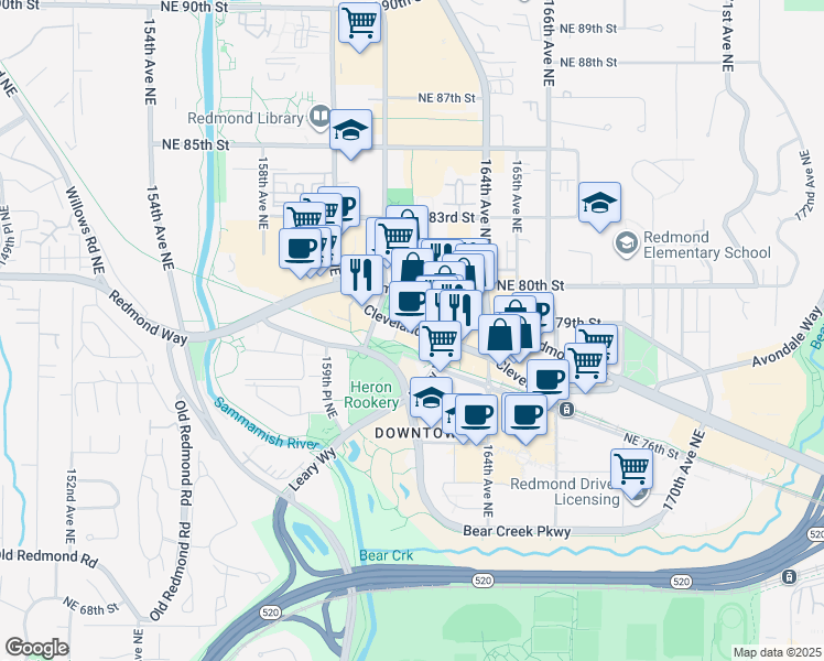 map of restaurants, bars, coffee shops, grocery stores, and more near 7669 Northeast Leary Way in Redmond