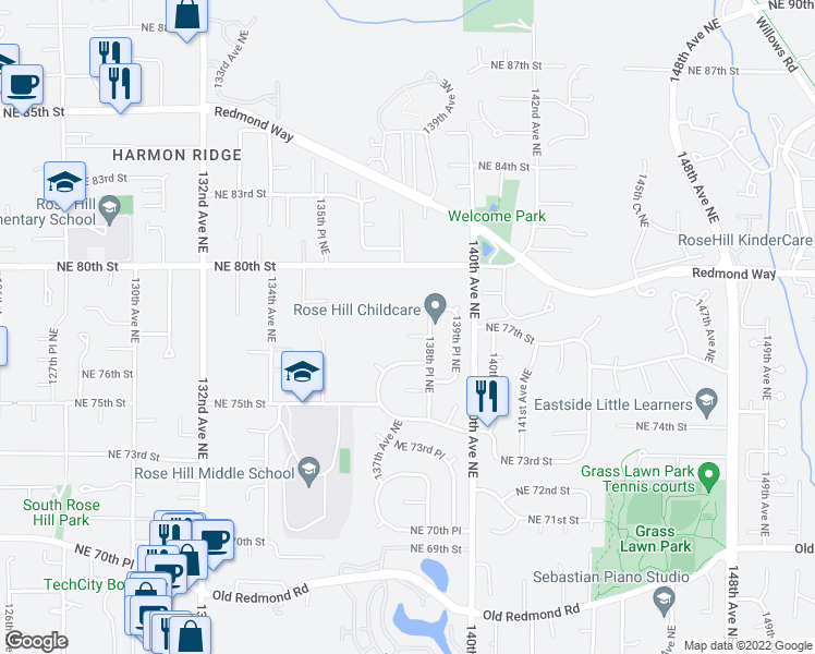 map of restaurants, bars, coffee shops, grocery stores, and more near 13780 Northeast 77th Place in Redmond