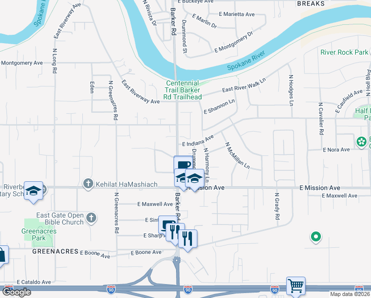map of restaurants, bars, coffee shops, grocery stores, and more near 18711 East Augusta Court in Spokane Valley