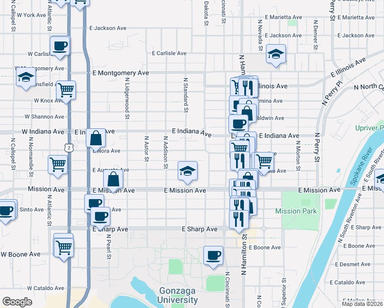 map of restaurants, bars, coffee shops, grocery stores, and more near 1703 North Dakota Street in Spokane